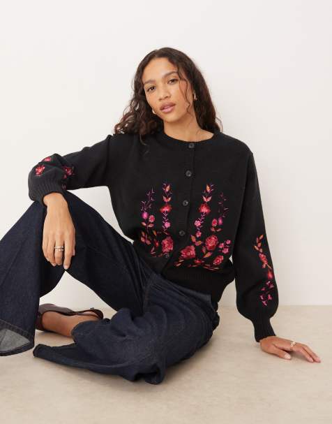 Lovedrobe Floral embroidery cardigan in black - view 1