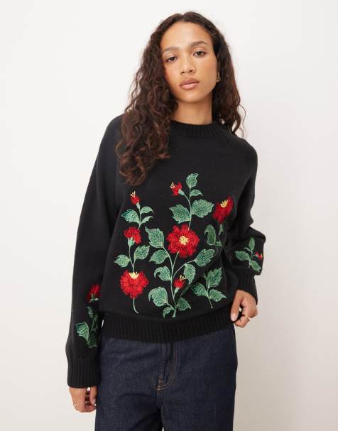 Lovedrobe Floral embroidery raglan sleeve jumper in black