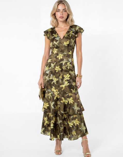 Lovedrobe Floral flutter sleeve tiered midaxi dress in olive - view 1