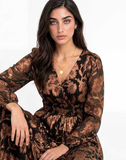 Lovedrobe Floral jacquard faux wrap long sleeve tie back maxi dress in black, 3 of 5