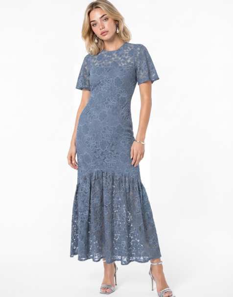 Lovedrobe Floral lace angel sleeve midaxi dress in blue - view 1