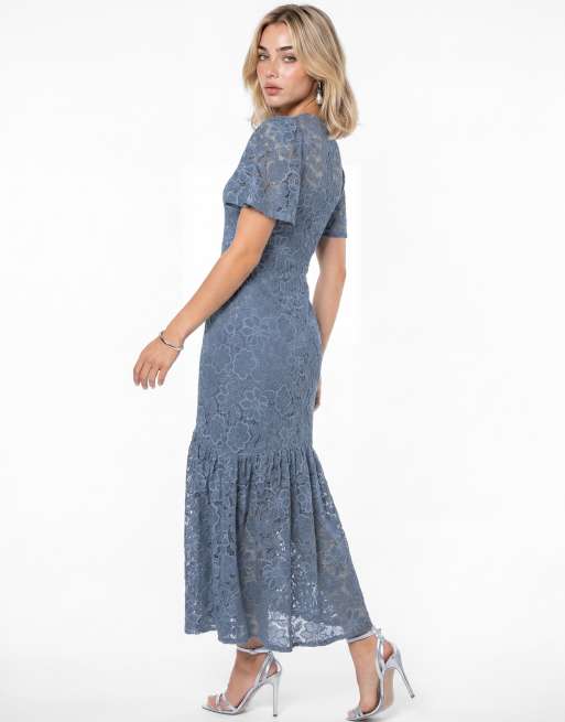 Lovedrobe Floral lace angel sleeve midaxi dress in blue, 2 of 5