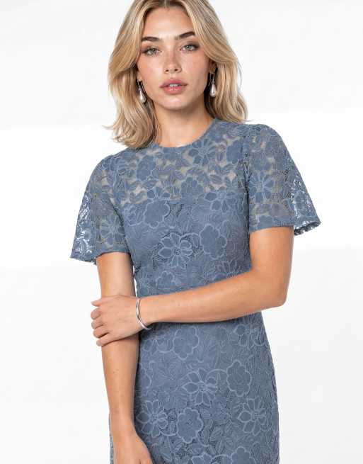 Lovedrobe Floral lace angel sleeve midaxi dress in blue, 4 of 5