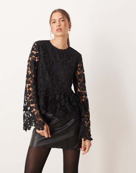 Lovedrobe Floral lace bell sleeve peplum top in black - view 1