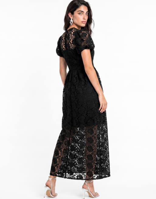 Lovedrobe Floral lace puff sleeve midaxi dress in black, 2 of 5