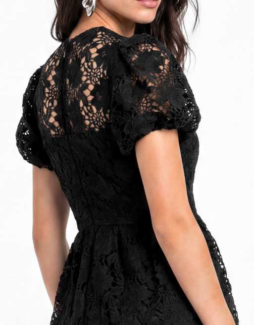 Lovedrobe Floral lace puff sleeve midaxi dress in black, 4 of 5