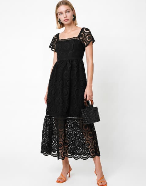 Lovedrobe Floral lace square neck short sleeve midaxi dress in black - view 1
