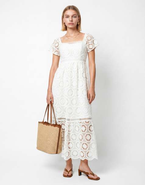 Lovedrobe Floral lace square neck short sleeve midaxi dress in cream - view 1