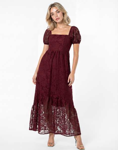 Lovedrobe Floral mesh lace square neck midaxi dress in berry - view 1
