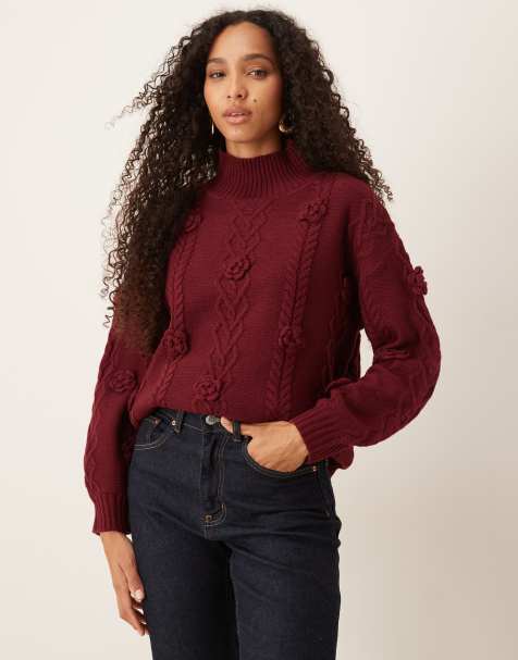 Lovedrobe Floral motif cable knit high neck jumper in burgundy