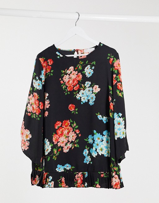 Lovedrobe Floral Open Sleeve Blouse With Pleated Hem