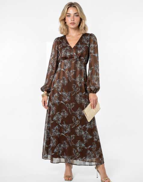 Lovedrobe Floral print burnout satin stripe midaxi dress in brown - view 1