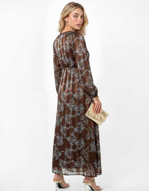 Lovedrobe Floral print burnout satin stripe midaxi dress in brown, 2 of 5