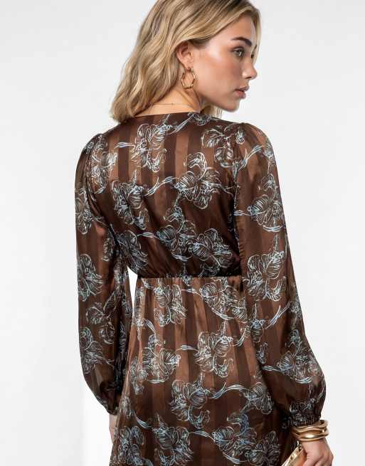 Lovedrobe Floral print burnout satin stripe midaxi dress in brown, 4 of 5