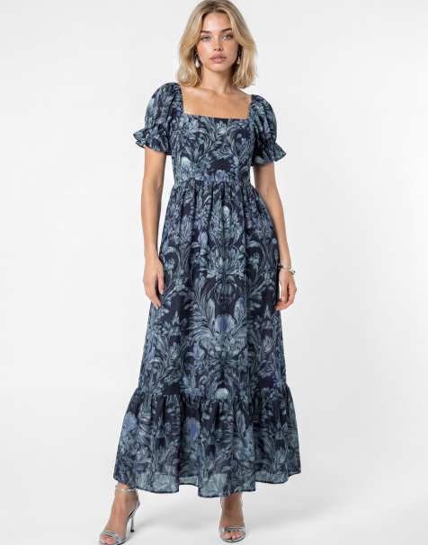 Lovedrobe Floral print puff sleeve square neck midaxi dress in navy - view 1