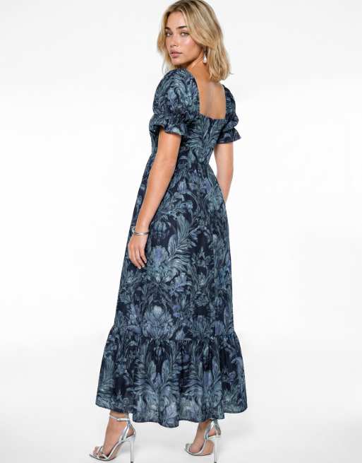 Lovedrobe Floral print puff sleeve square neck midaxi dress in navy, 2 of 5
