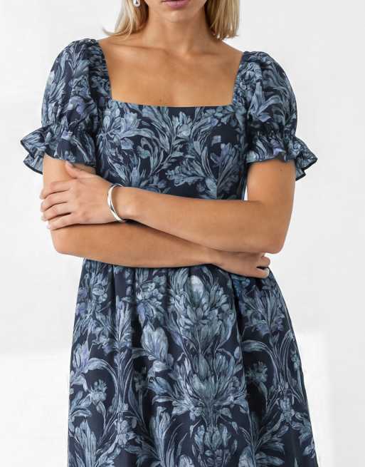 Lovedrobe Floral print puff sleeve square neck midaxi dress in navy, 3 of 5