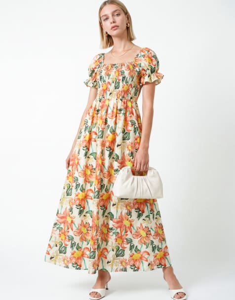 Lovedrobe Floral print short sleeve shirred midaxi dress in multi - view 1