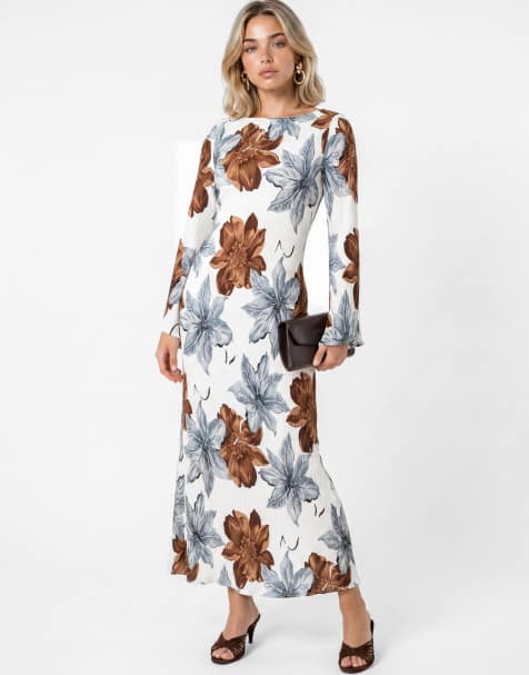 Lovedrobe Floral print trumpet sleeve plisse column midaxi dress in multi - view 1