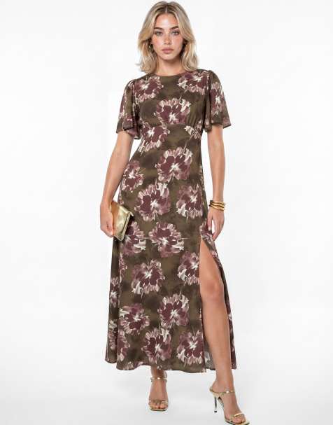 Lovedrobe Floral tie-back angel sleeve  midaxi dress in brown - view 1