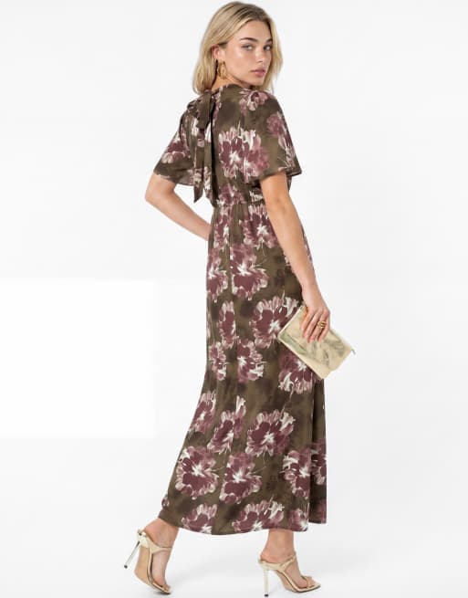 Lovedrobe Floral tie-back angel sleeve  midaxi dress in brown, 2 of 5