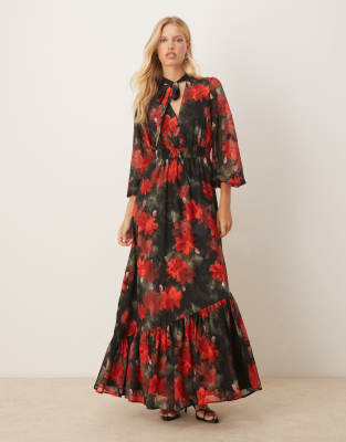 Lovedrobe Floral Tie Neck Long Sleeve Shirred Waist Maxi Dress In Multi