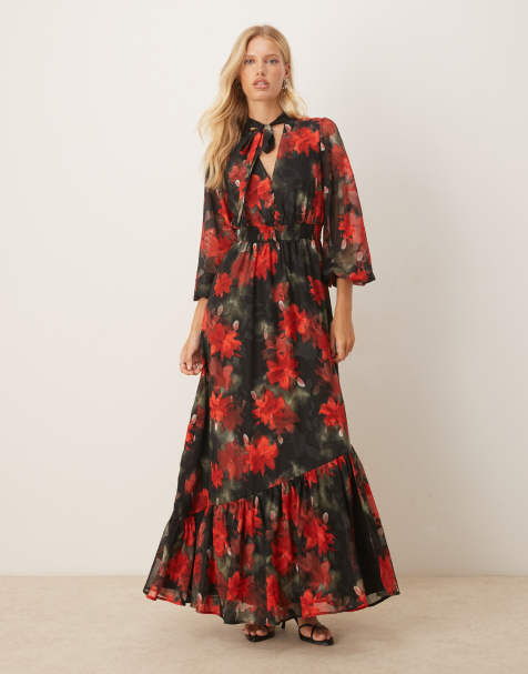 Lovedrobe Floral tie neck long sleeve shirred waist maxi dress in multi - view 1