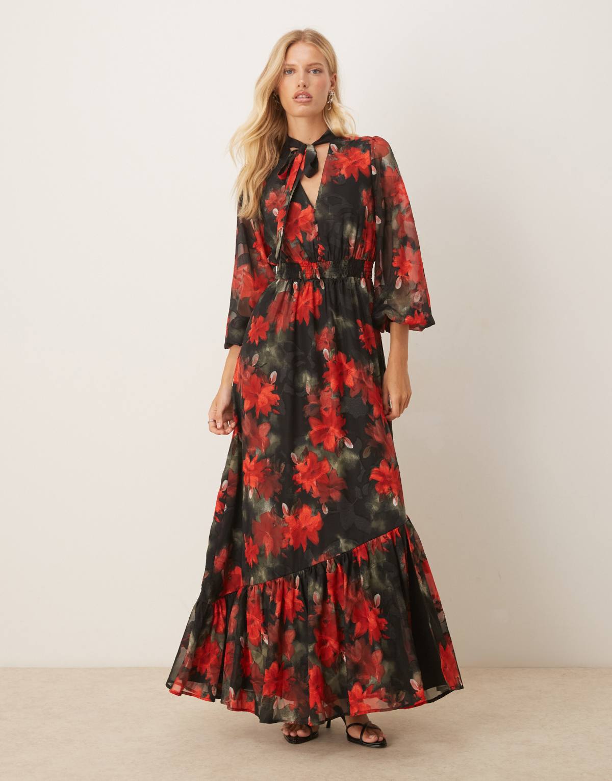 Lovedrobe Floral tie neck long sleeve shirred waist maxi dress in multi