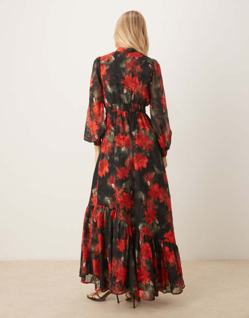 Lovedrobe Floral tie neck long sleeve shirred waist maxi dress in multi, 2 of 4