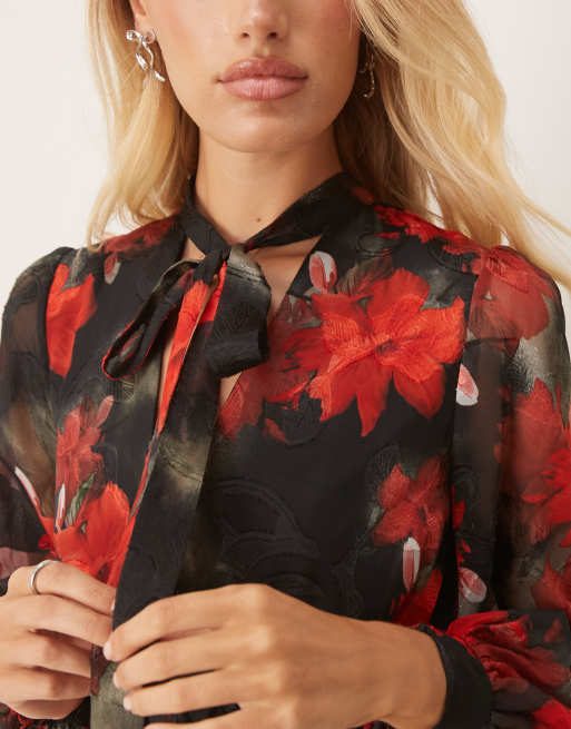 Lovedrobe Floral tie neck long sleeve shirred waist maxi dress in multi, 3 of 4