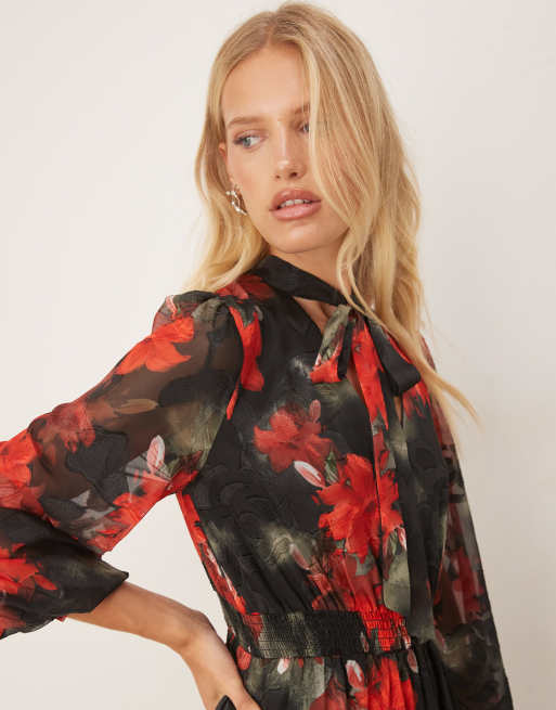 Lovedrobe Floral tie neck long sleeve shirred waist maxi dress in multi, 4 of 4