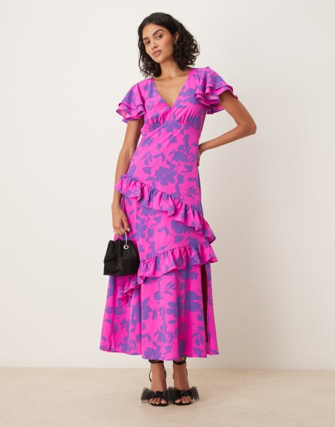 Lovedrobe Floral v neck flutter sleeve midaxi dress in purple - view 1