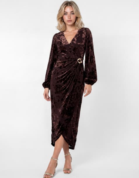 Lovedrobe Floral velvet devore faux wrap midaxi dress in brown - view 1