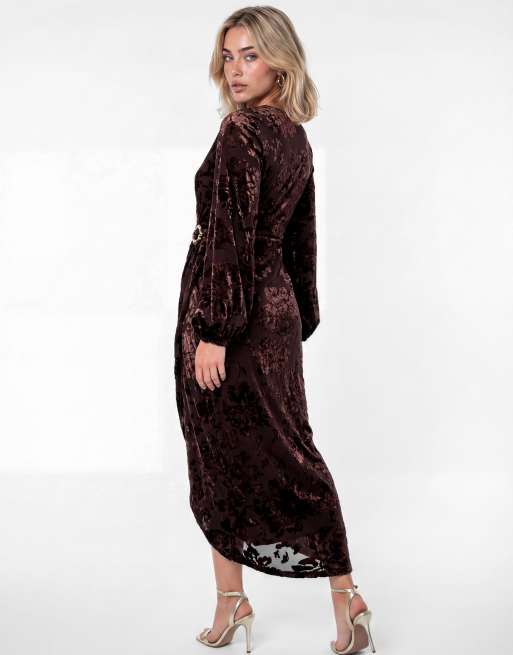 Lovedrobe Floral velvet devore faux wrap midaxi dress in brown, 2 of 5
