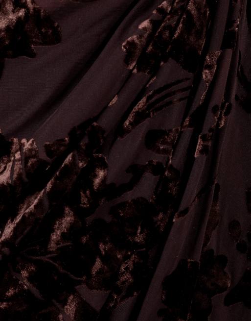 Lovedrobe Floral velvet devore faux wrap midaxi dress in brown, 5 of 5