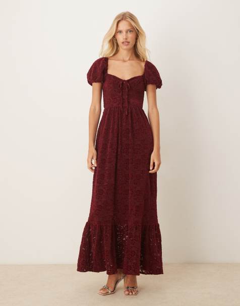Lovedrobe Floral velvet lace square neck midaxi dress in burgundy - view 1