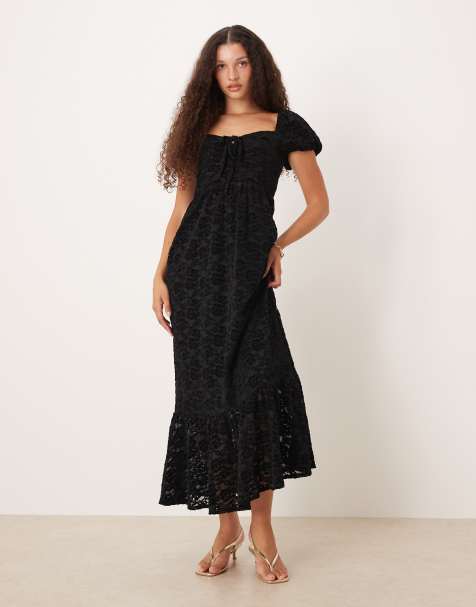 Lovedrobe Floral velvet square neck midaxi dress in black
