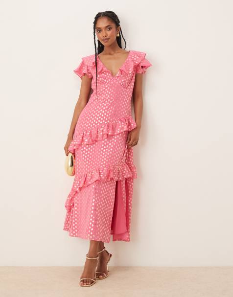 Lovedrobe Flutter sleeve v neck ruffle midaxi dress in pink - view 1