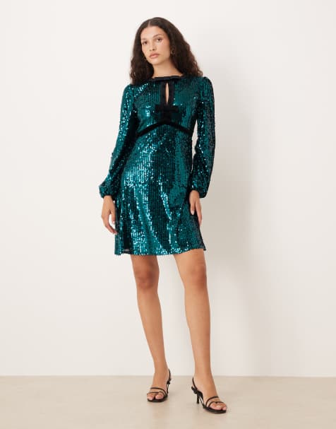 Lovedrobe Fully embellished velvet bow detail mini dress in green - view 1