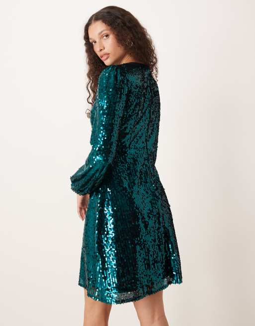 Lovedrobe Fully embellished velvet bow detail mini dress in green | ASOS