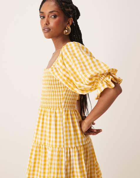 Lovedrobe Gingham milkmaid puff sleeve mini dress in yellow - view 1