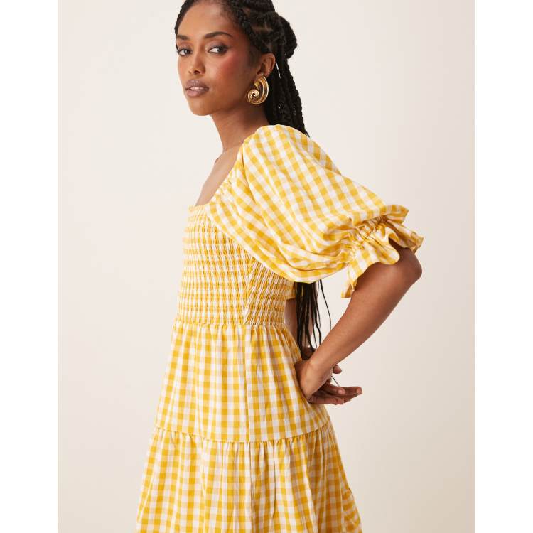 Lovedrobe Gingham milkmaid puff sleeve mini dress in yellow | ASOS