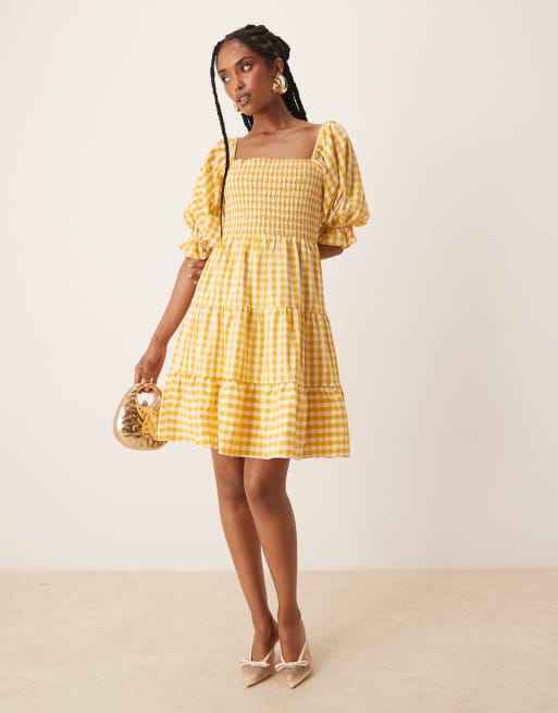 Lovedrobe Gingham milkmaid puff sleeve mini dress in yellow, 2 of 4