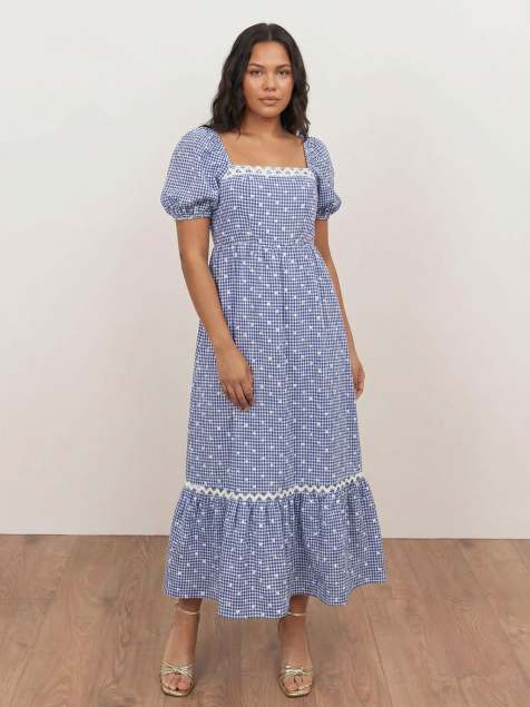Lovedrobe Gingham & polka dot short sleeve midaxi dress in blue gingham - view 1