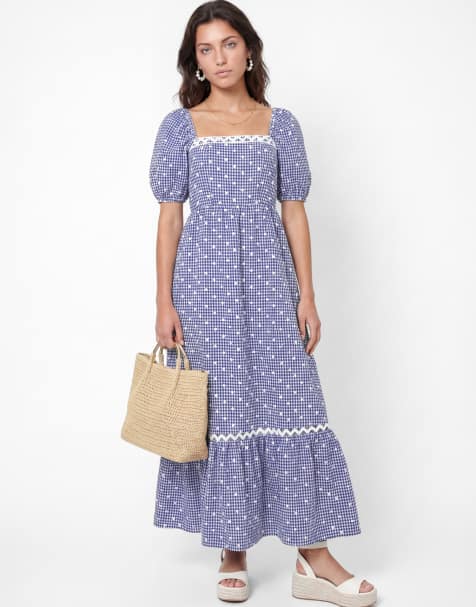 Lovedrobe Gingham & polka dot short sleeve midaxi dress in blue gingham