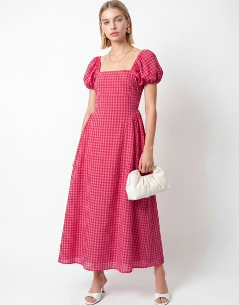 Lovedrobe Gingham square neck short sleeve midaxi dress in pink - view 1