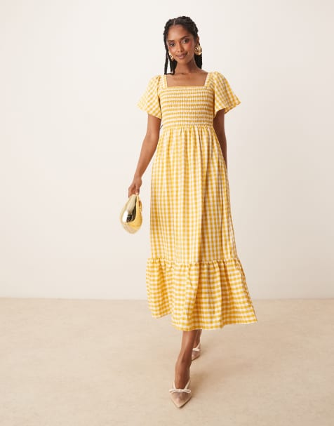 Lovedrobe Gingham square neck short sleeve midaxi dress in yellow - view 1