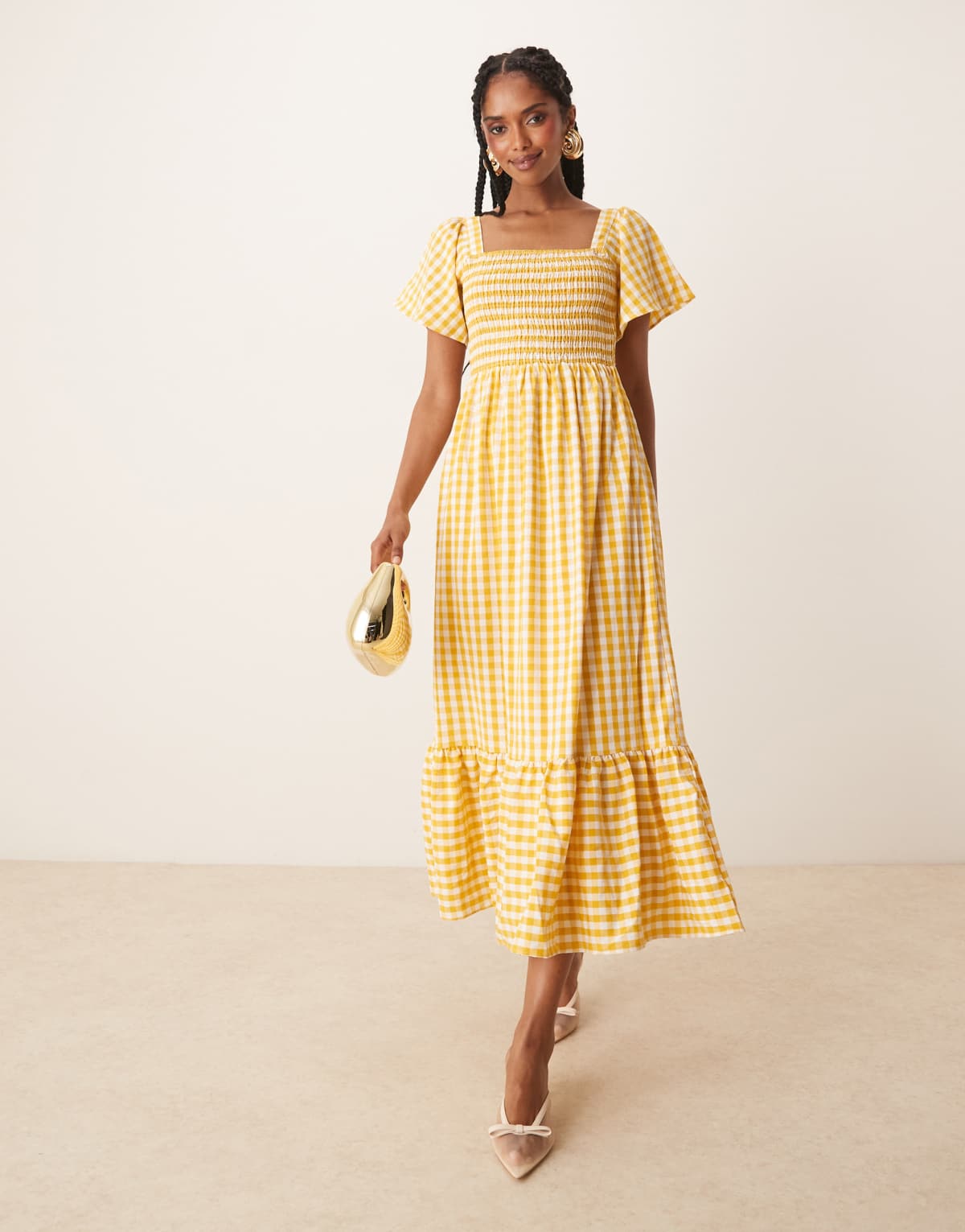 Lovedrobe Gingham square neck short sleeve midaxi dress in yellow