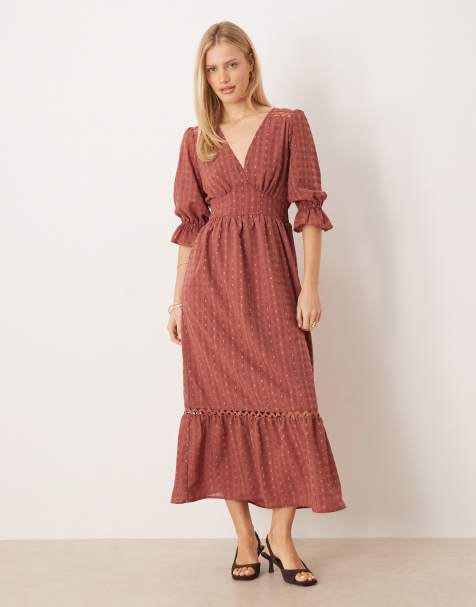 Lovedrobe Gingham v neck midaxi dress in terracotta