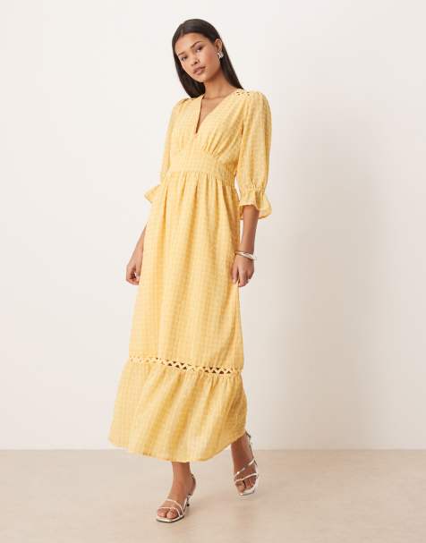 Lovedrobe Gingham v neck midaxi dress in yellow